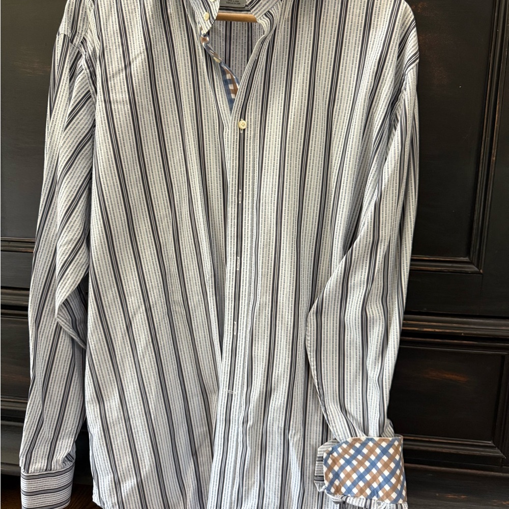 Thomas Dean Blue and White Striped Button-Down Shirt